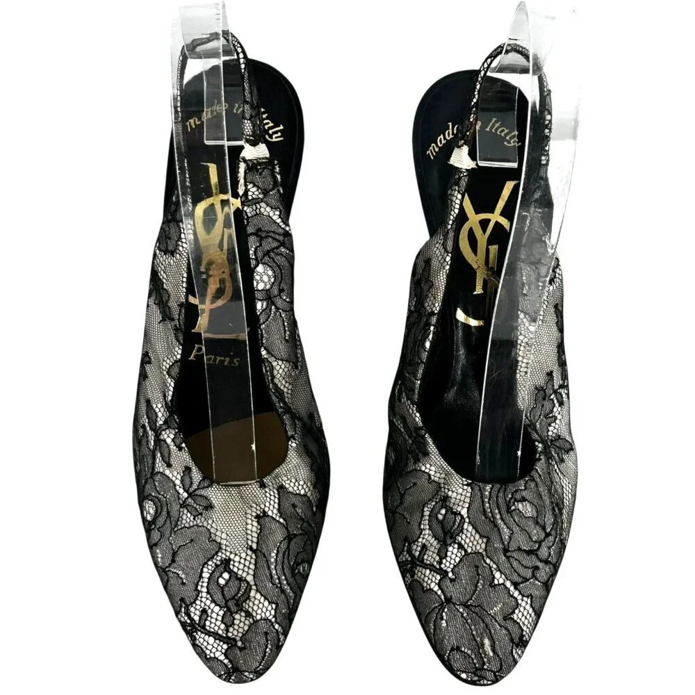 Vintage YSL Black Lace Slingback Pumps Size 7.5 Yves St Laurent